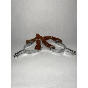 Stainless Steel Engraved Rodeo Western Spurs w/Rowel & Adjustable Leather Straps